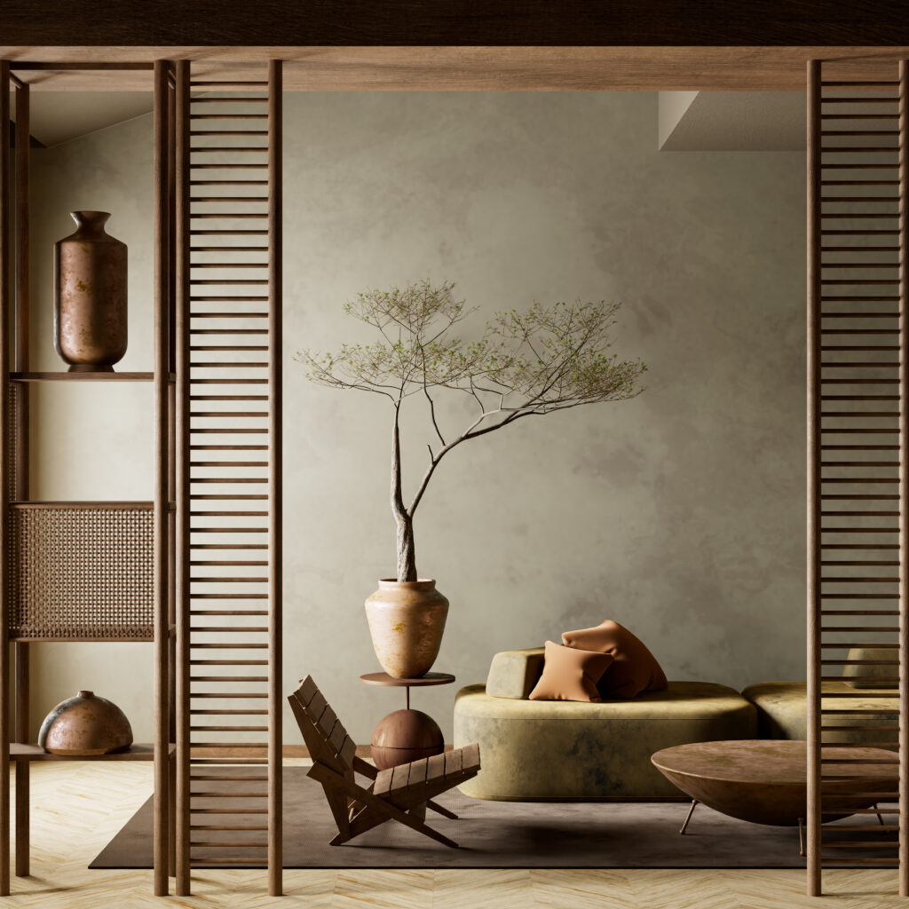 A serene, minimalist living space with earthy tones, soft lighting, and Japanese-inspired decor featuring natural textures, low furniture, and elegant wooden partitions.