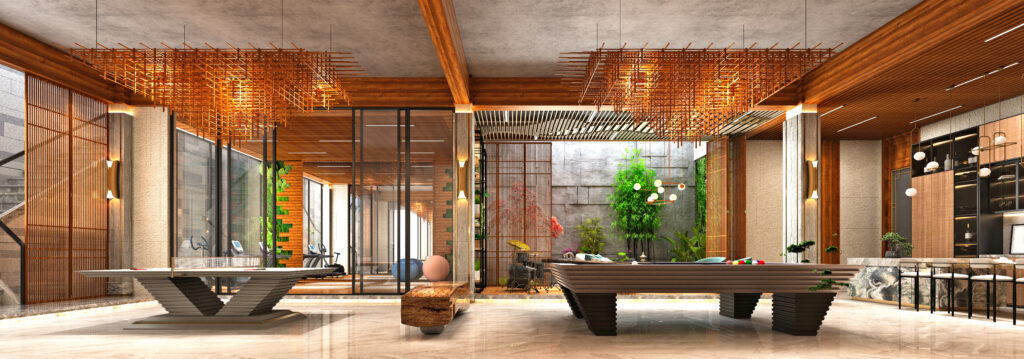 Luxury lobby with large billboard tables and a zen garden space in the background for Feng Shui.