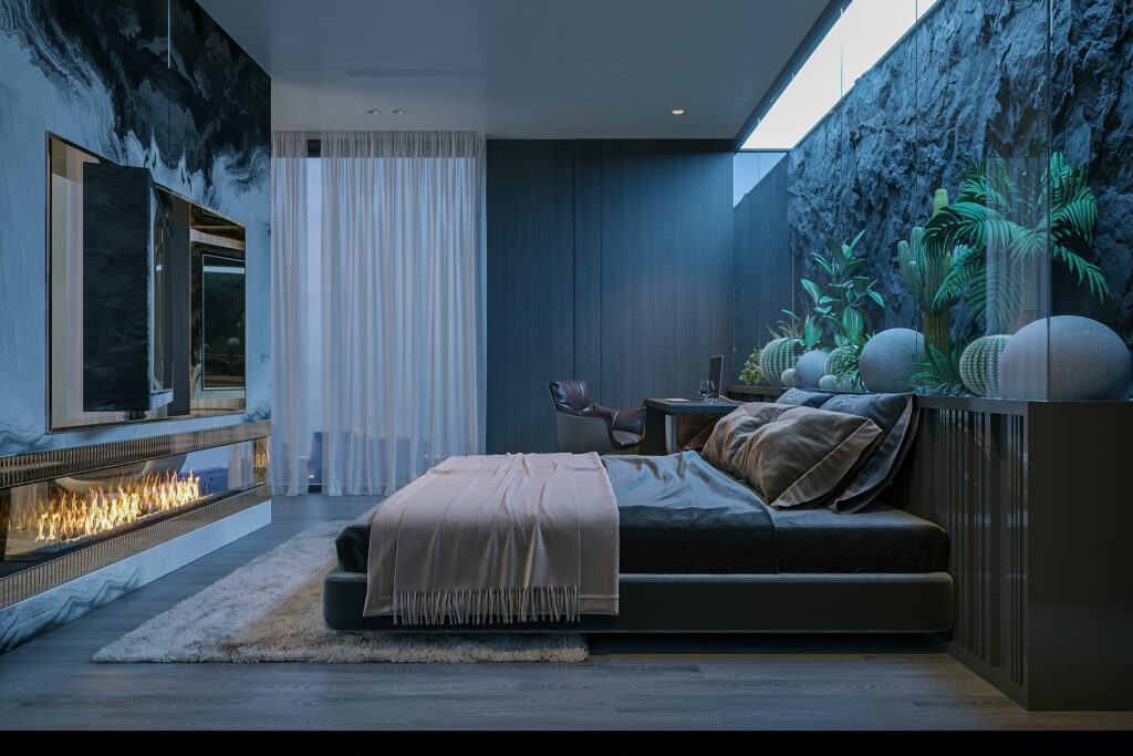 Modern luxury loft-style bedroom with wooden floor and stone wall paneling background
