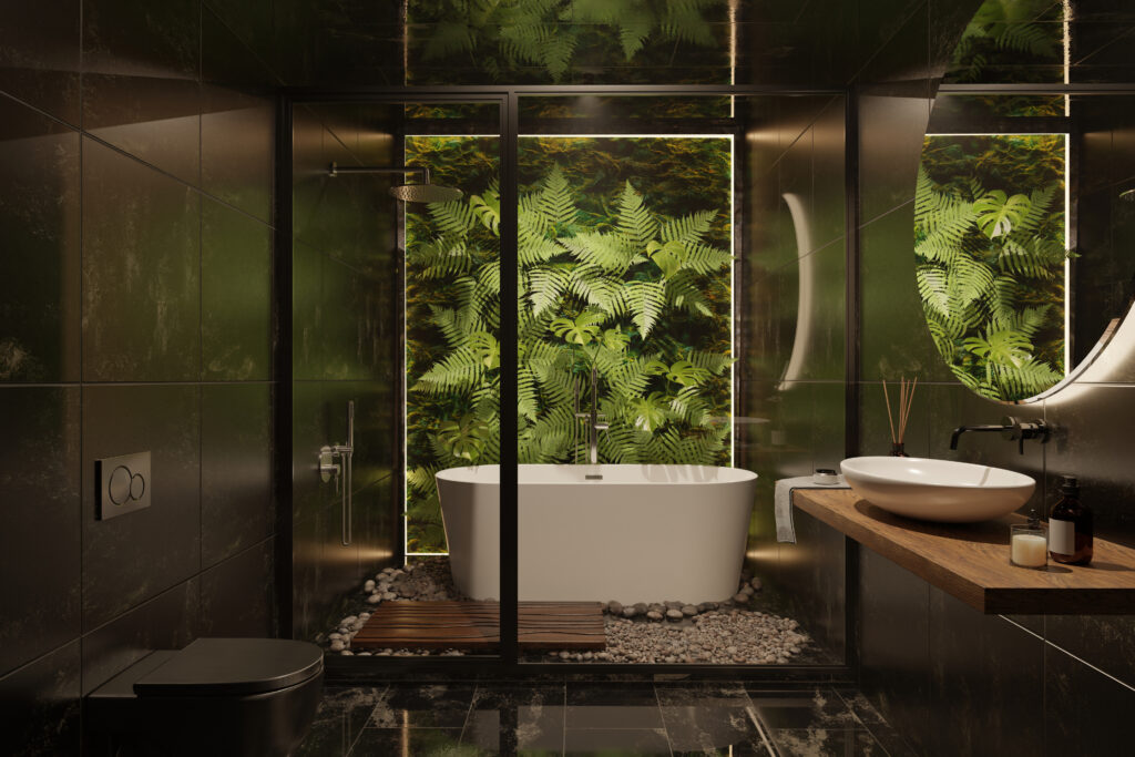 Bathroom interior with a dark, minimalism design consisting of a dark fixtures but balanced with greenery on the walls.