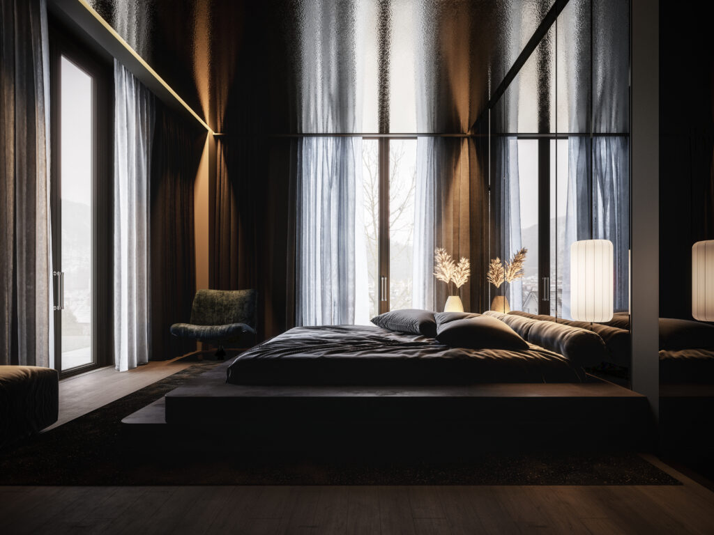 A modern black bedroom interior design, with dimmed lighting and a large flat framed bed in the middle.