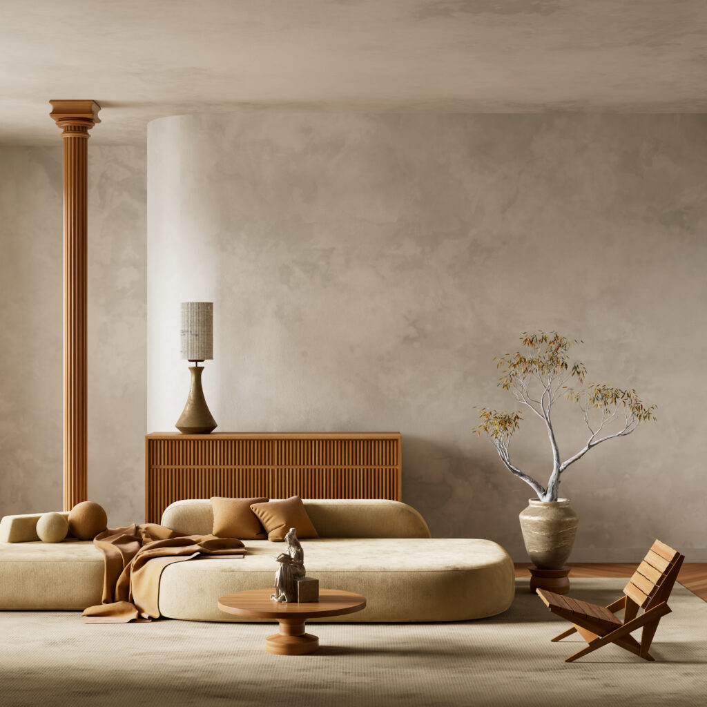 A cozy and neutral colored living room set in a hotel, serving to hush-pitality travelers, a 2026 travel trend.