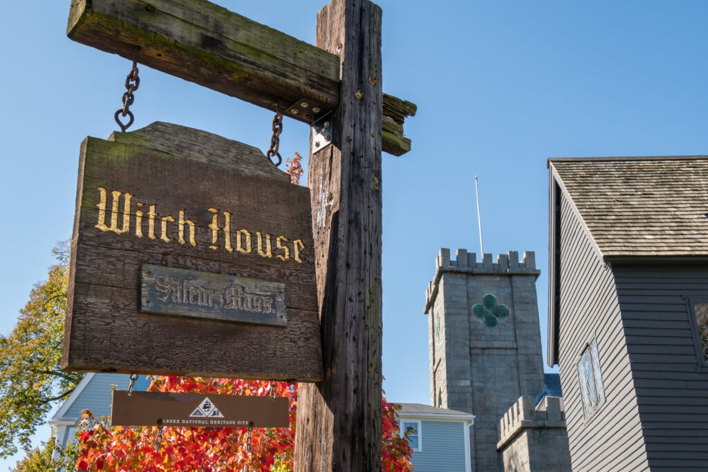 The Witch House entrance sign in Salem, Massachusetts, an essential destination for Dark Tourism.